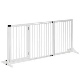 Freestanding Pet Gate Adjustable Wooden Dog Barrier 3 Panel Safety Fence w Lockable Door White