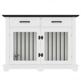 44.48" Large Dog Crate Furniture, Indoor Wooden Dog Kennel End Table with 2 Storage Drawers and Rotating Bowls