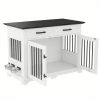 44.48" Large Dog Crate Furniture, Indoor Wooden Dog Kennel End Table with 2 Storage Drawers and Rotating Bowls