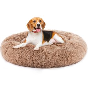 24 Inch Anti-Slip Round Fluffy Plush Faux Fur Bed, Fits up to 25 lbs Pets (size: Brown/L)